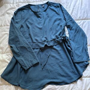 Shein Blue Ruffle Tie Waist Long Sleeve Tunic Top Size L